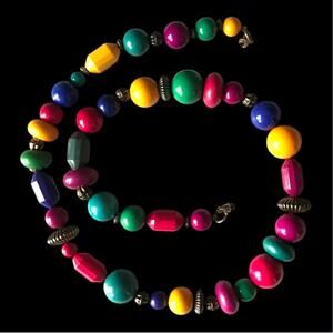 Vintage bold colors plastic beaded necklace - magenta teal mustard royal blue